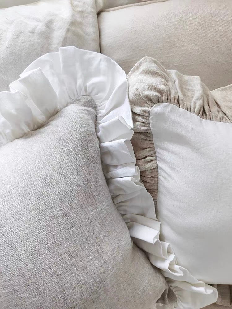 Ruffle Linen Cushion Cover, White and Natural Linen Pillow Cover product image