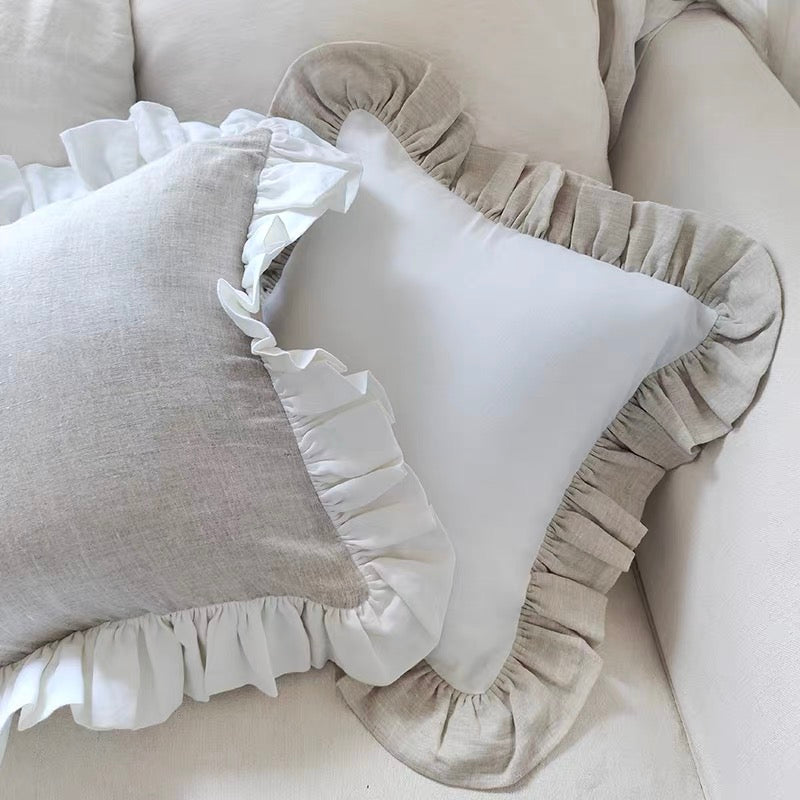 Ruffle Linen Cushion Cover, White and Natural Linen Pillow Cover product image