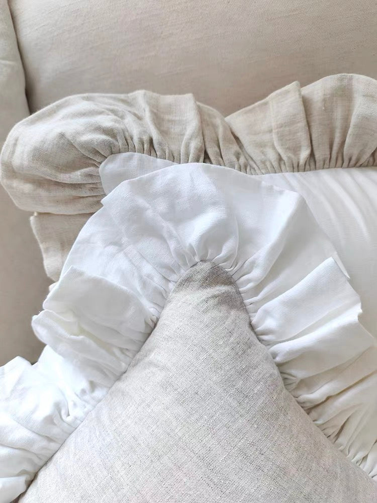 Ruffle Linen Cushion Cover, White and Natural Linen Pillow Cover product image