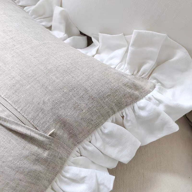Ruffle Linen Cushion Cover, White and Natural Linen Pillow Cover product image