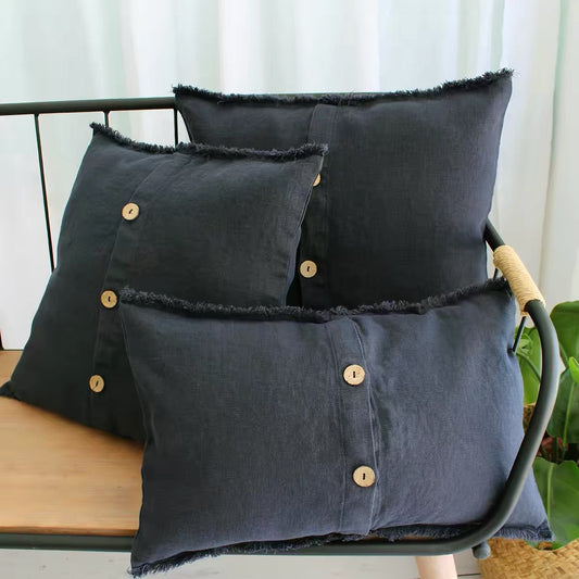 Washed Linen Cushion Cover with Button Detail and Frayed Edge product image