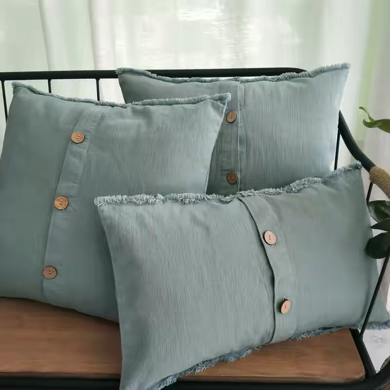 Washed Linen Cushion Cover with Button Detail and Frayed Edge product image