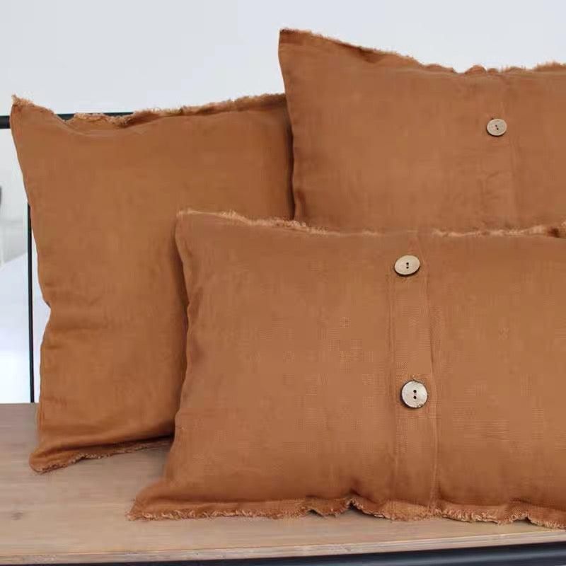 Washed Linen Cushion Cover with Button Detail and Frayed Edge product image