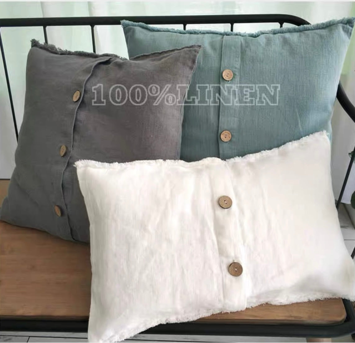 Washed Linen Cushion Cover with Button Detail and Frayed Edge product image