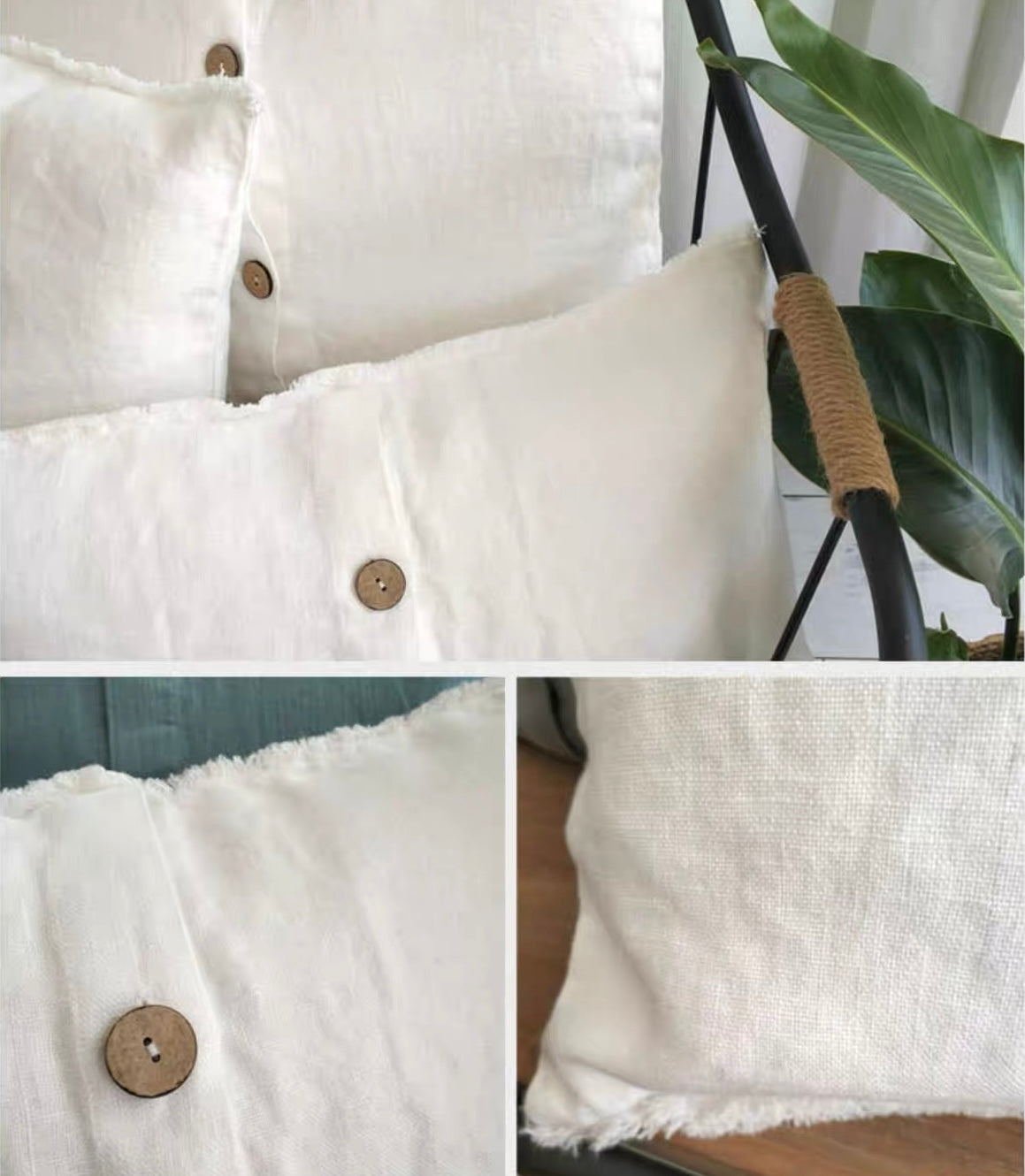 Washed Linen Cushion Cover with Button Detail and Frayed Edge product image