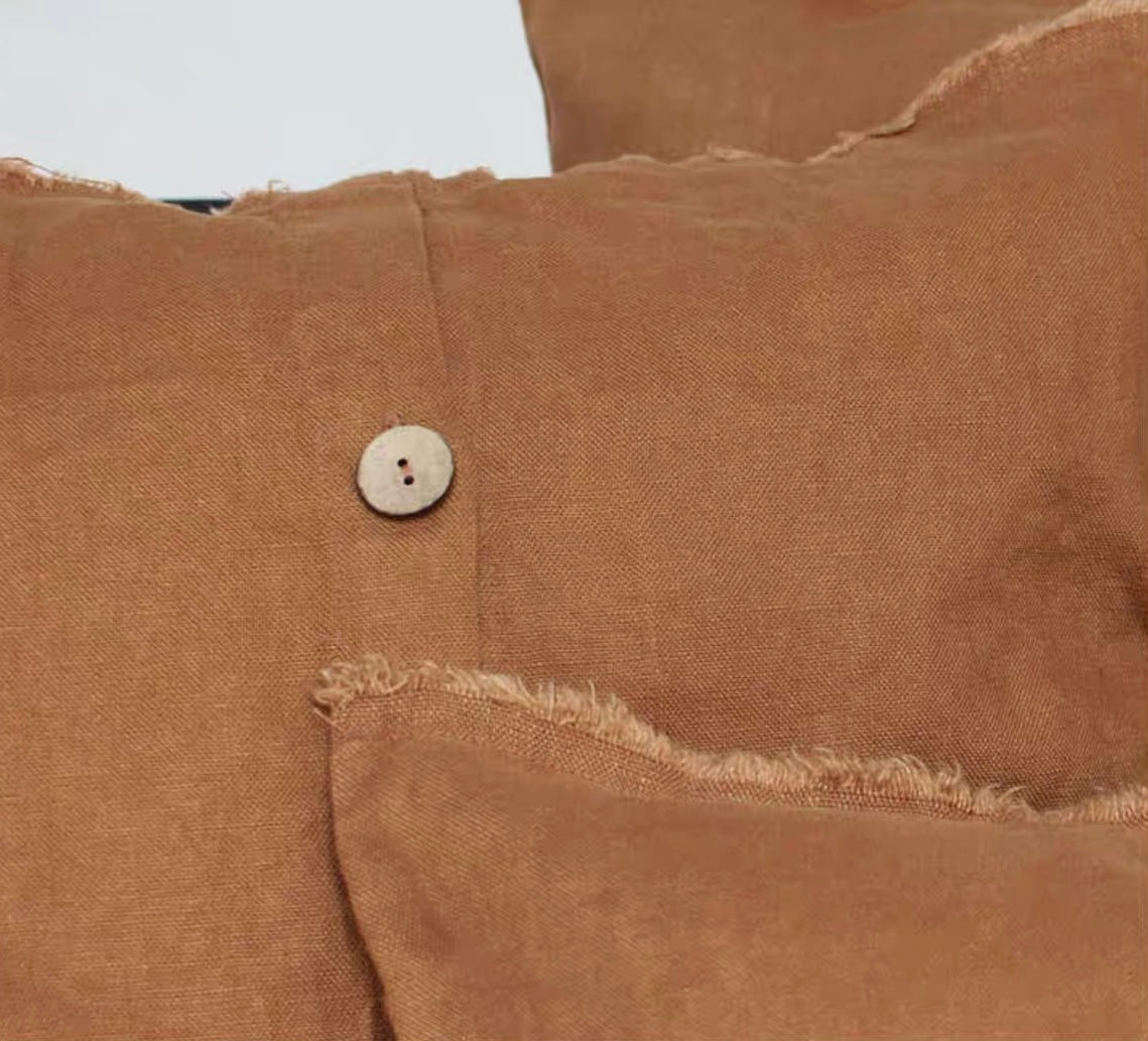 Washed Linen Cushion Cover with Button Detail and Frayed Edge product image
