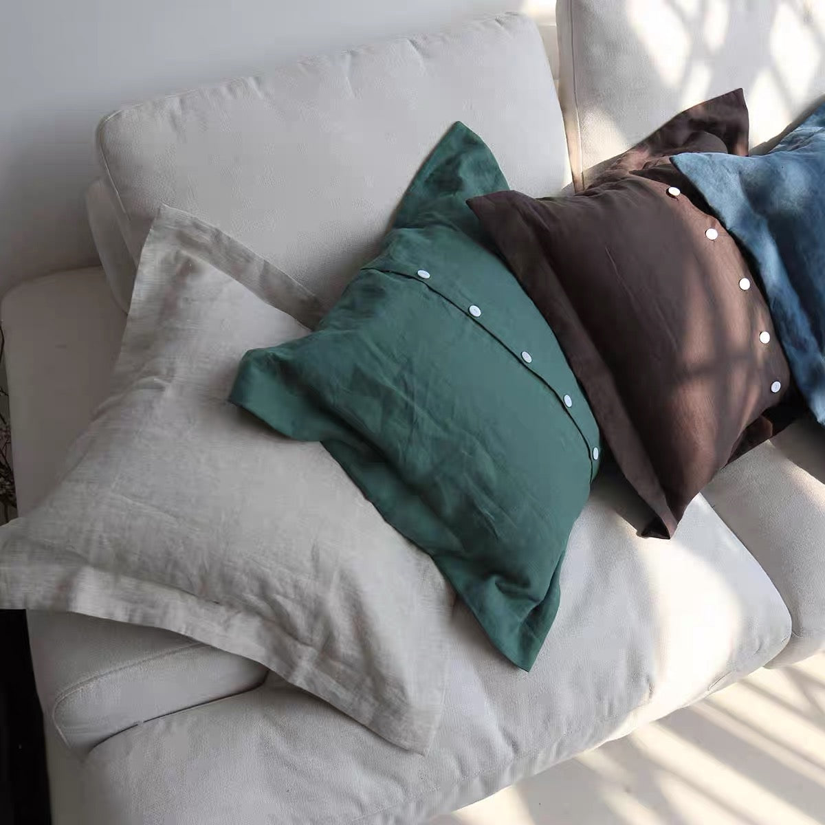 Custom Linen Cushion Cover with Button Detail, Linen Throw Pillow Cover product image