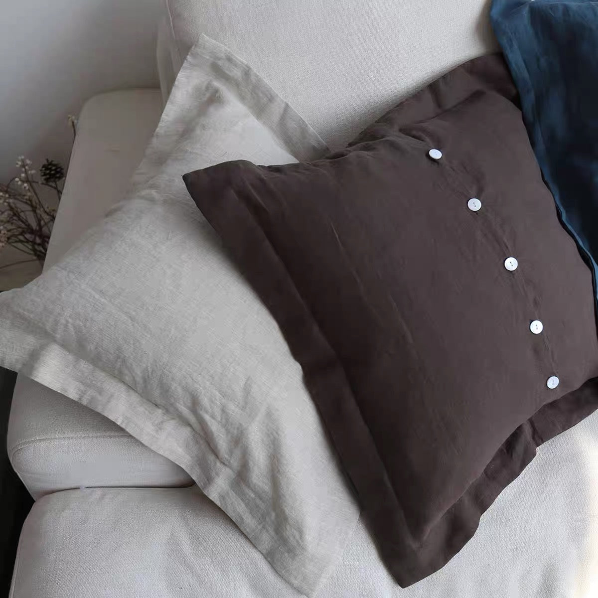 Custom Linen Cushion Cover with Button Detail, Linen Throw Pillow Cover product image