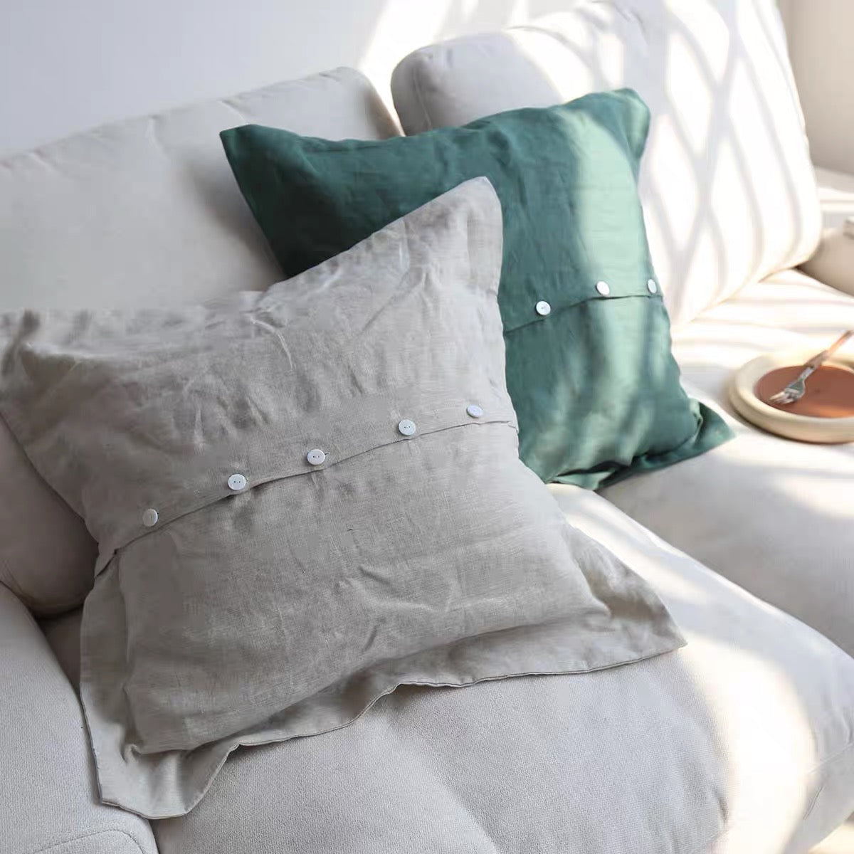 Custom Linen Cushion Cover with Button Detail, Linen Throw Pillow Cover product image