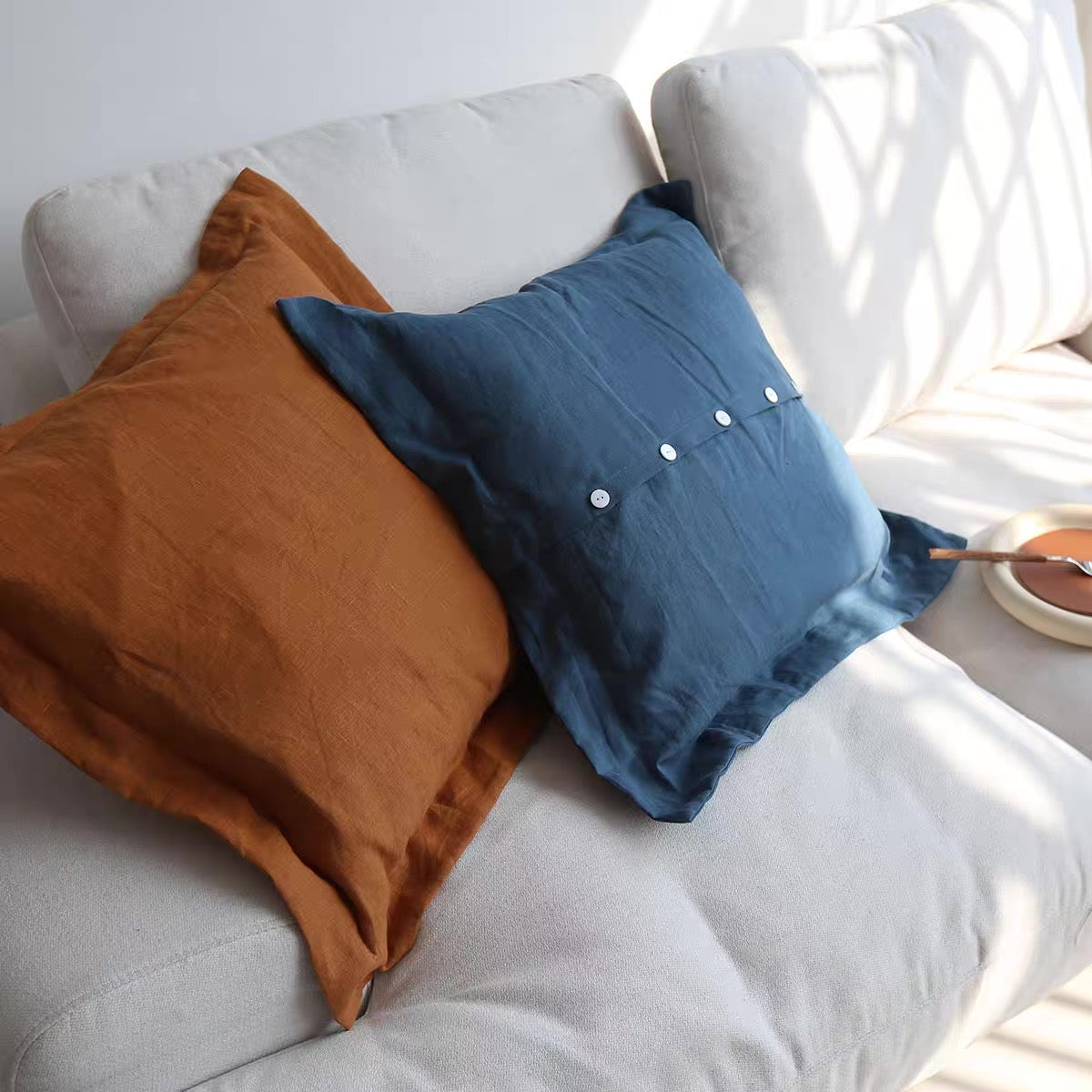 Custom Linen Cushion Cover with Button Detail, Linen Throw Pillow Cover product image