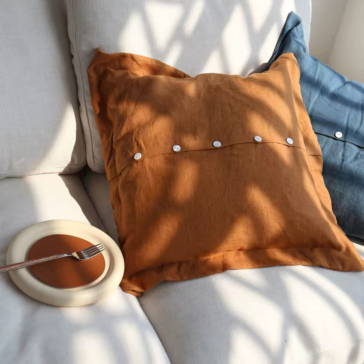 Custom Linen Cushion Cover with Button Detail, Linen Throw Pillow Cover product image
