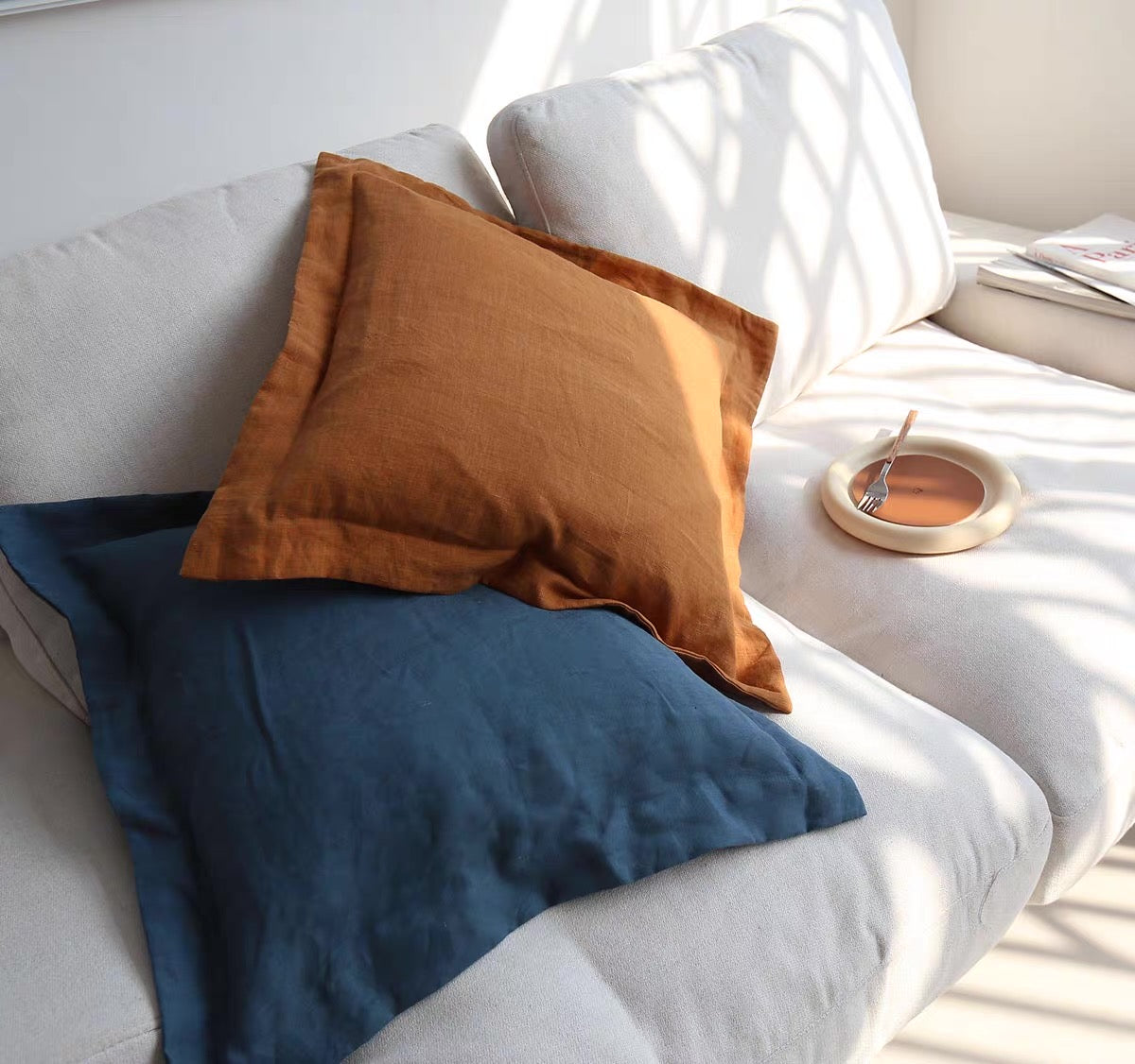 Custom Linen Cushion Cover with Button Detail, Linen Throw Pillow Cover product image
