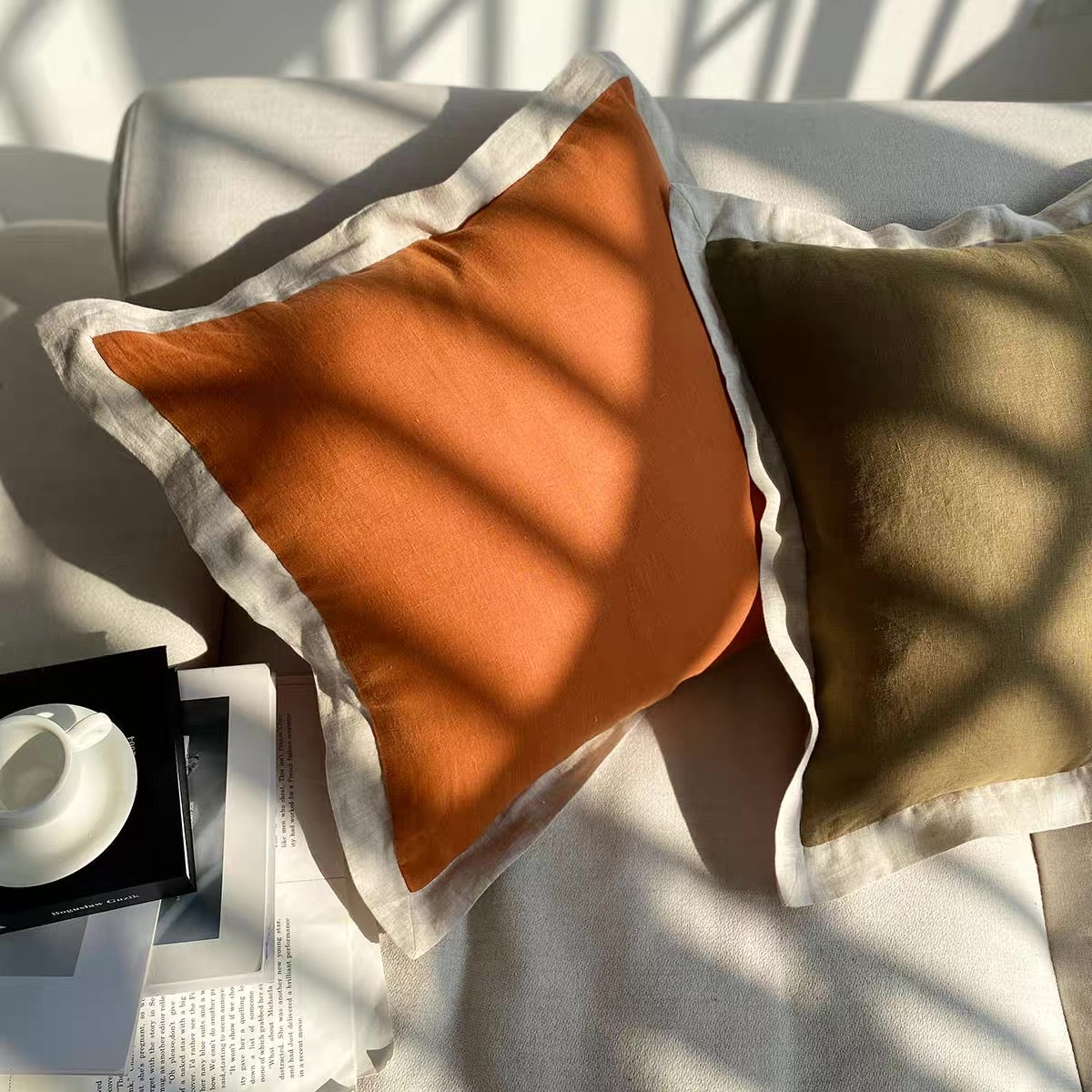 Custom Linen Cushion Cover with Contrast Border, Linen Throw Pillow Cover product photo
