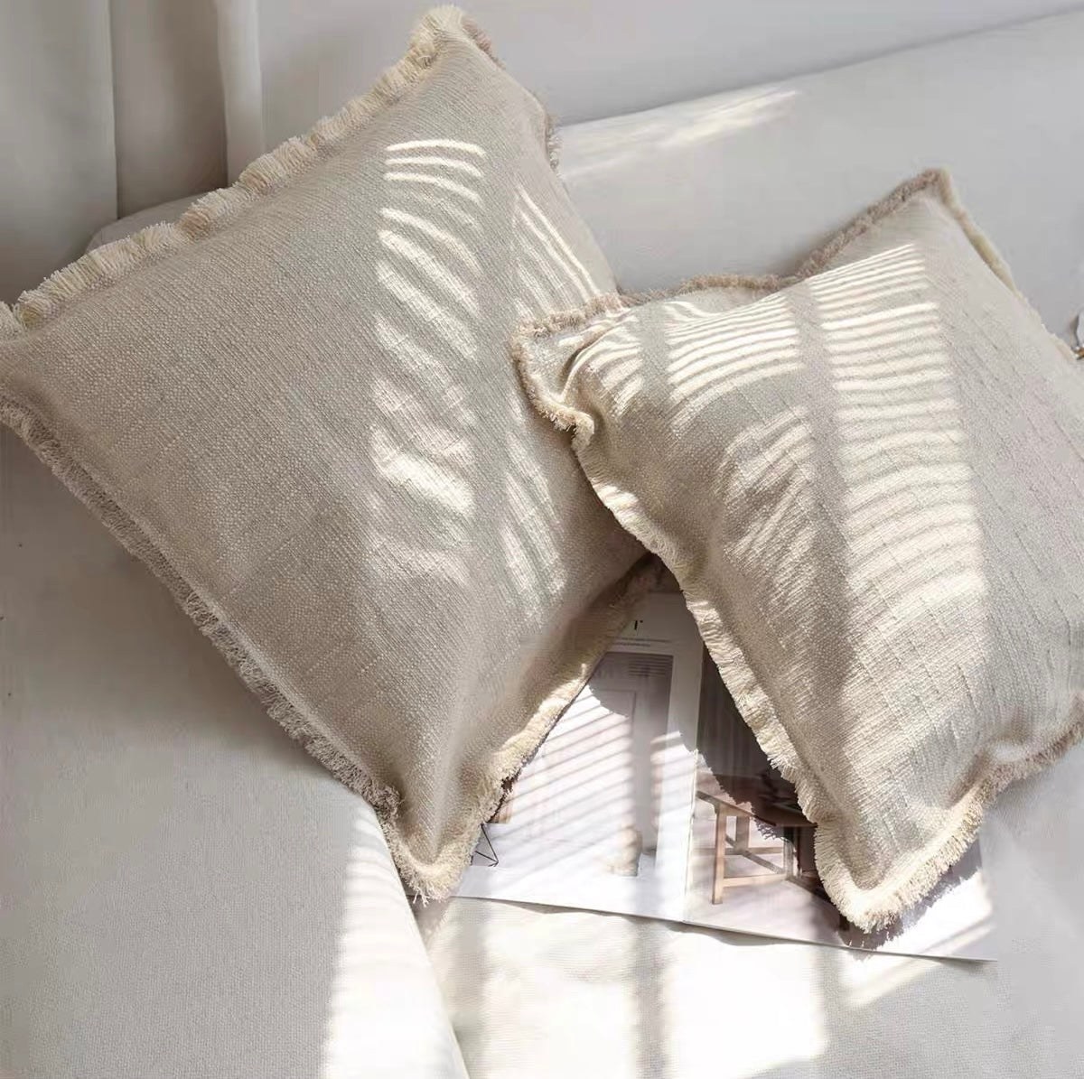 Linen Cotton Cushion Cover with Frayed Edge, Textured Throw Pillow Cover product photo