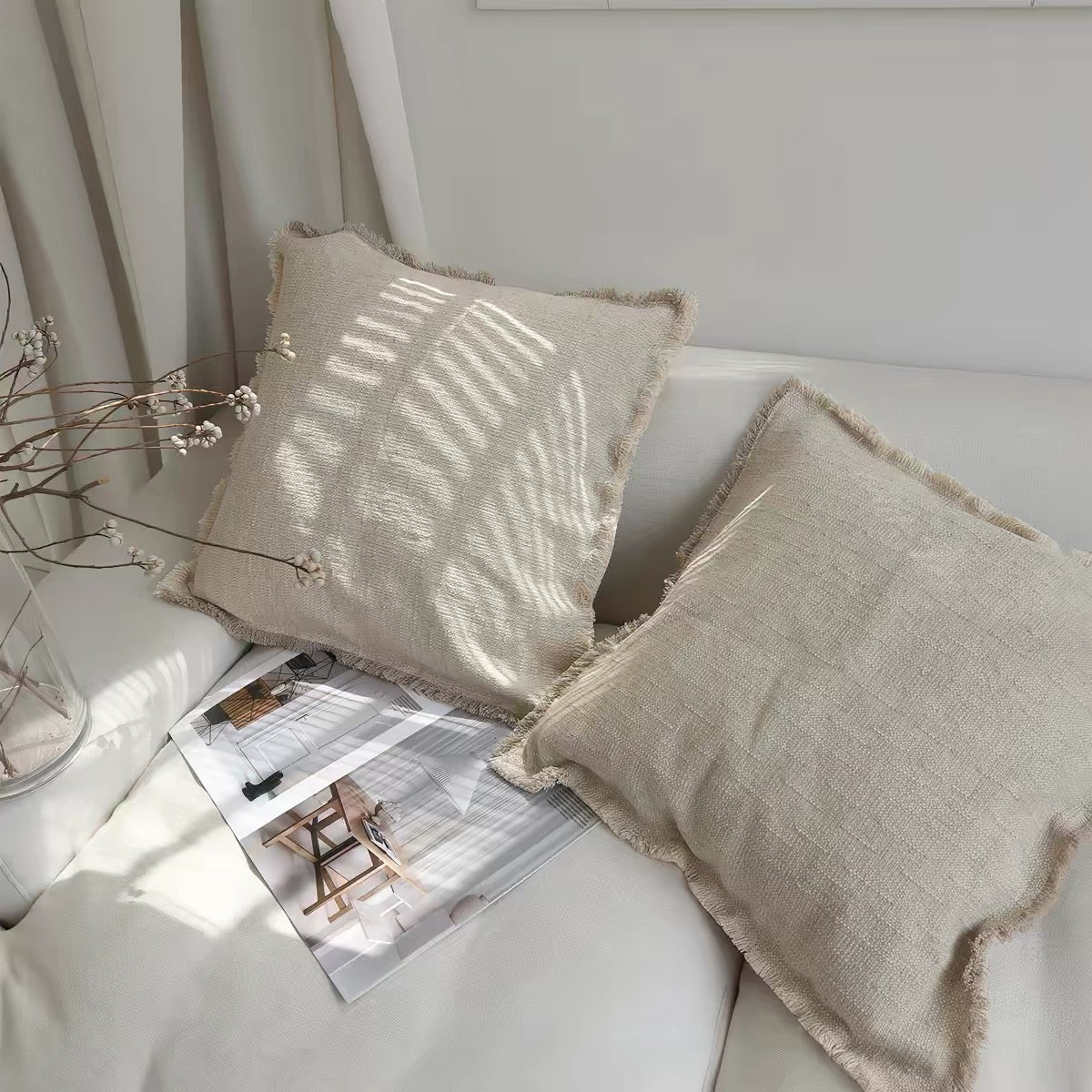 Linen Cotton Cushion Cover with Frayed Edge, Textured Throw Pillow Cover product photo