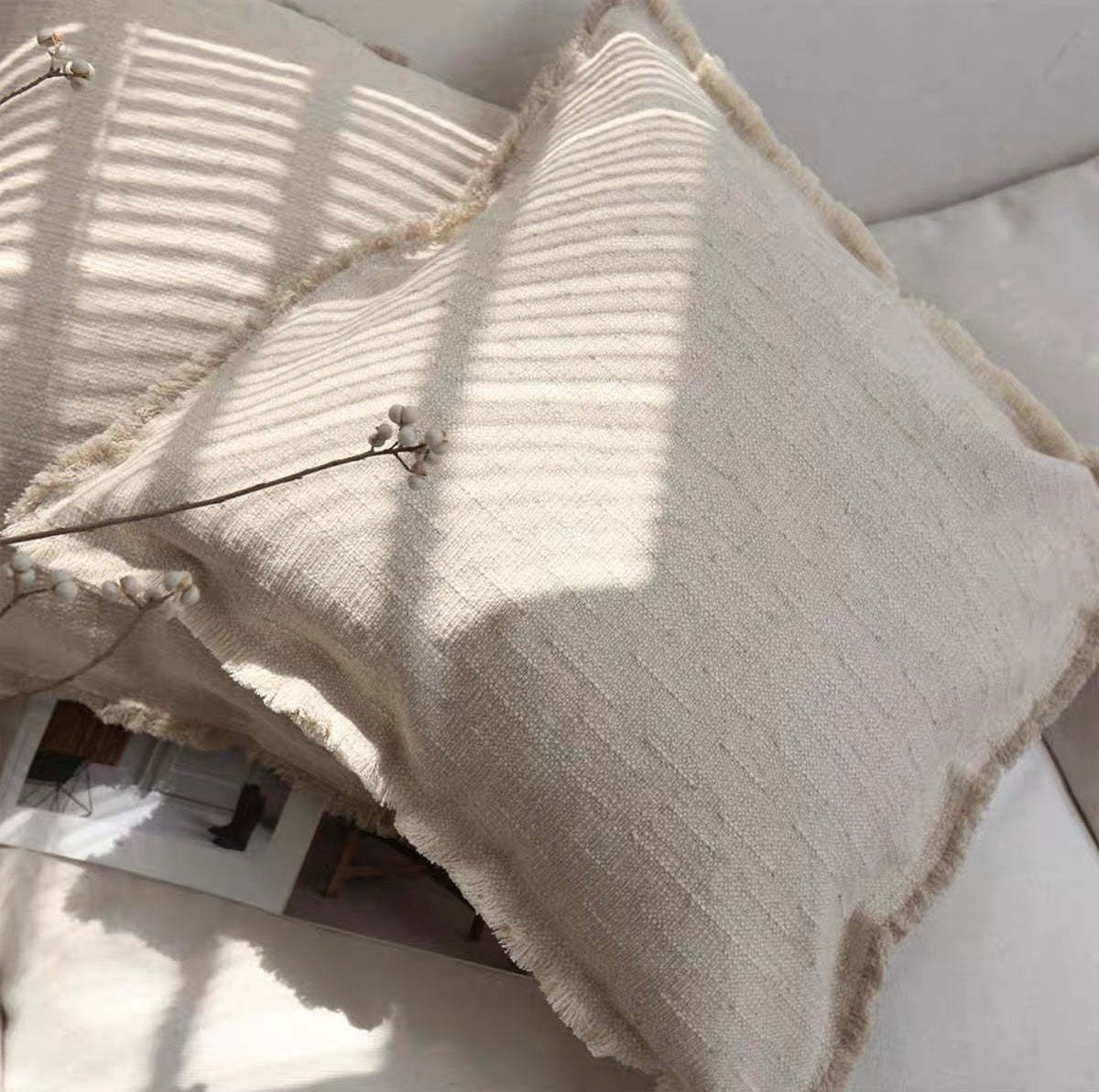 Linen Cotton Cushion Cover with Frayed Edge, Textured Throw Pillow Cover product photo