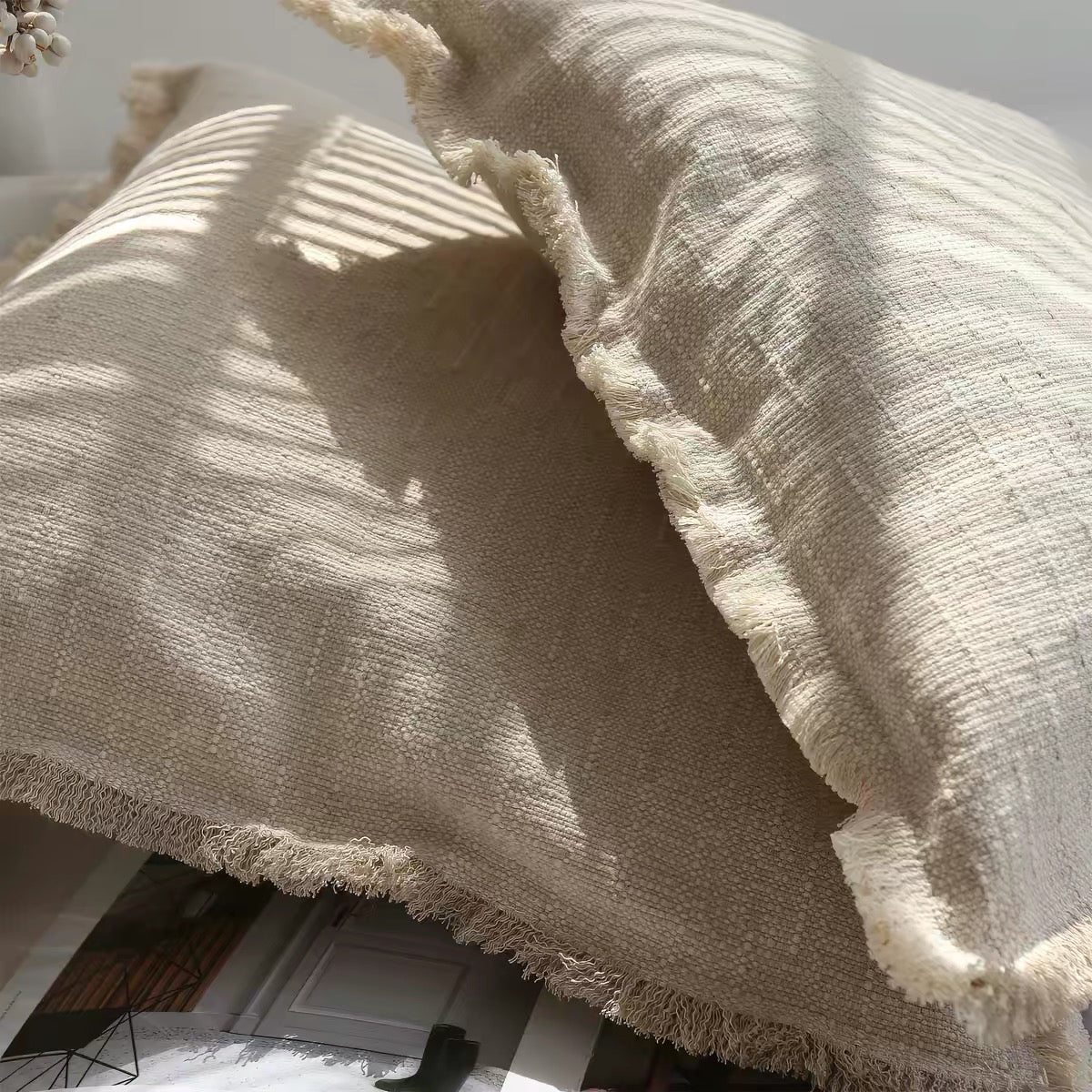 Linen Cotton Cushion Cover with Frayed Edge, Textured Throw Pillow Cover product photo
