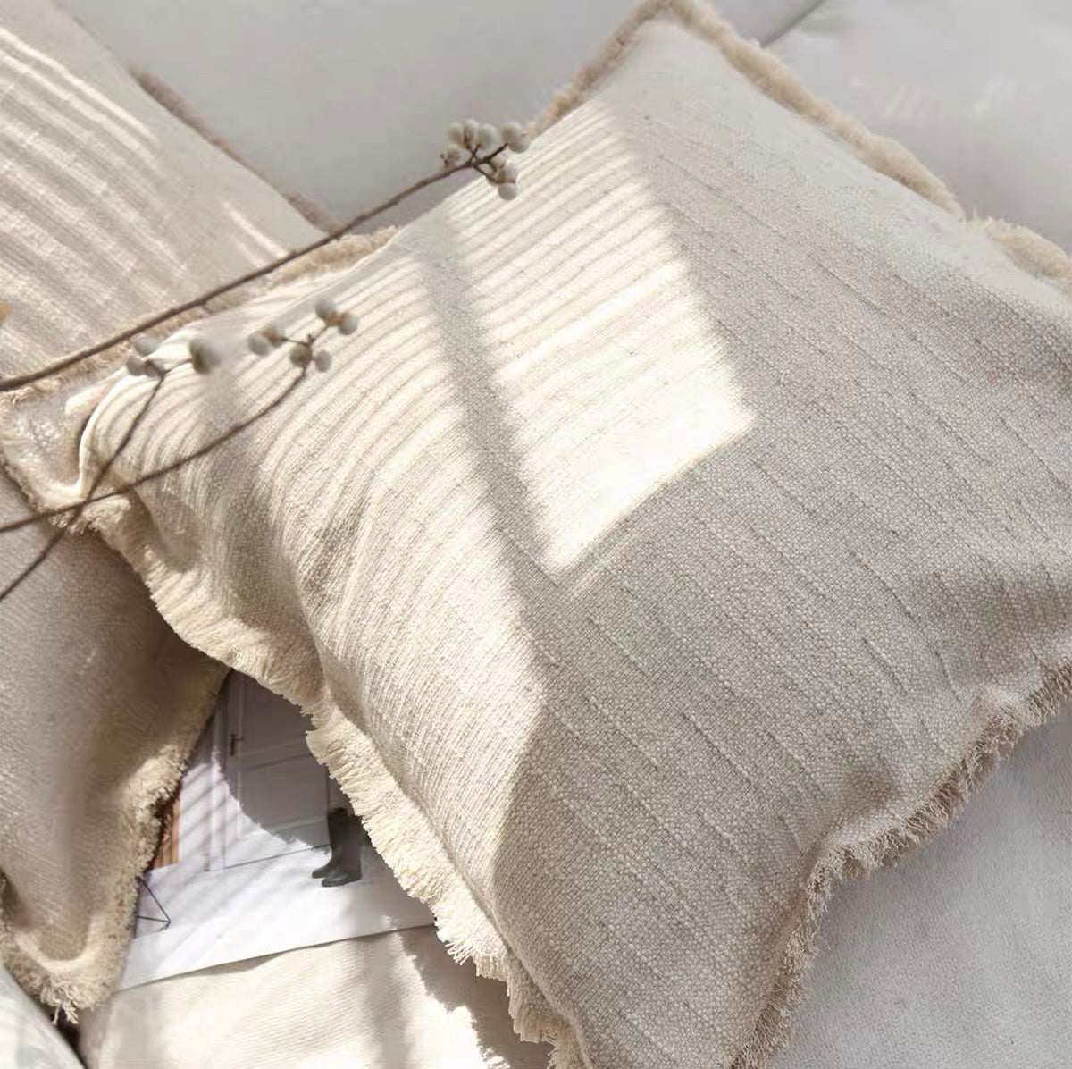 Linen Cotton Cushion Cover with Frayed Edge, Textured Throw Pillow Cover product photo