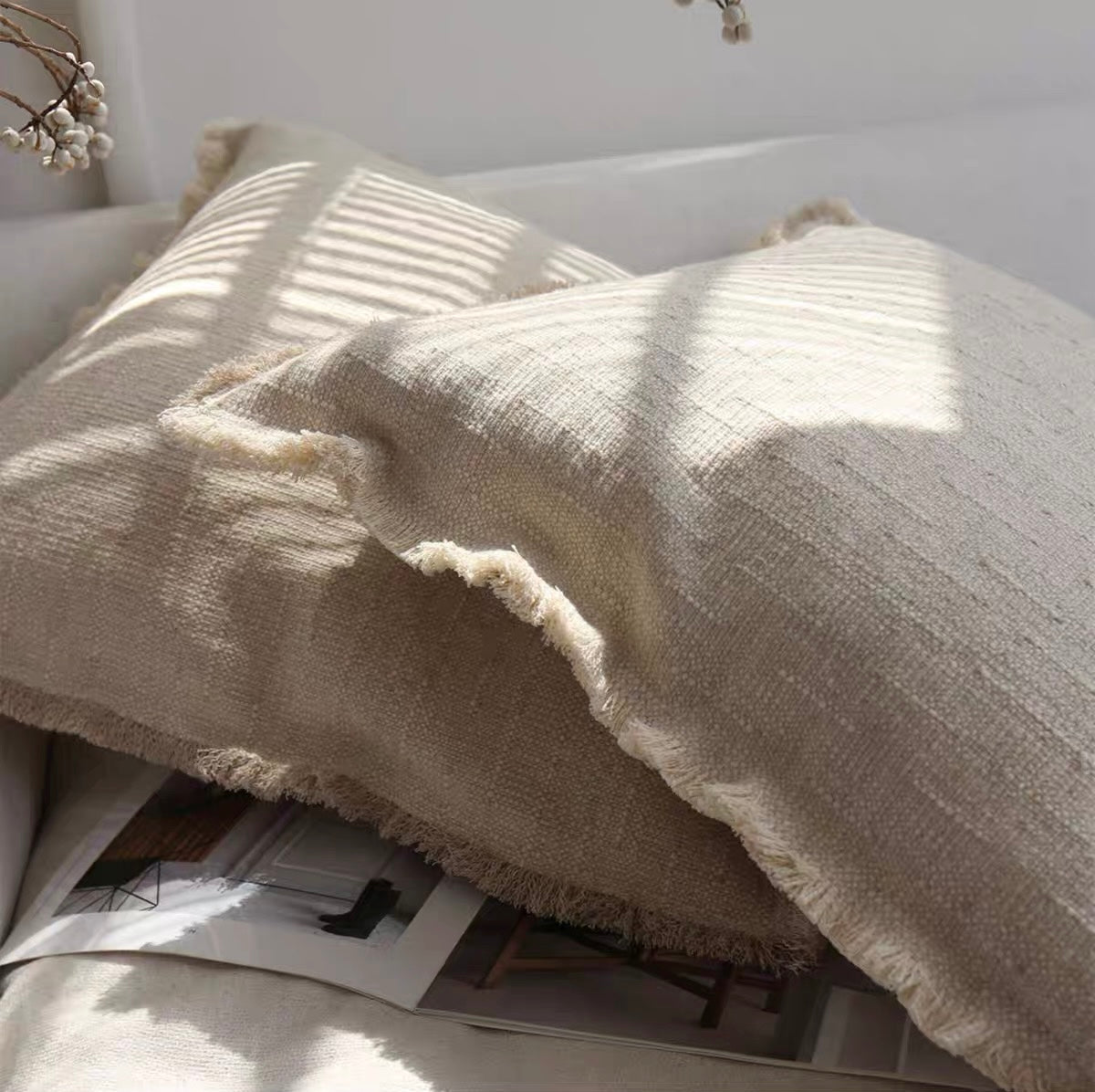 Linen Cotton Cushion Cover with Frayed Edge, Textured Throw Pillow Cover product photo