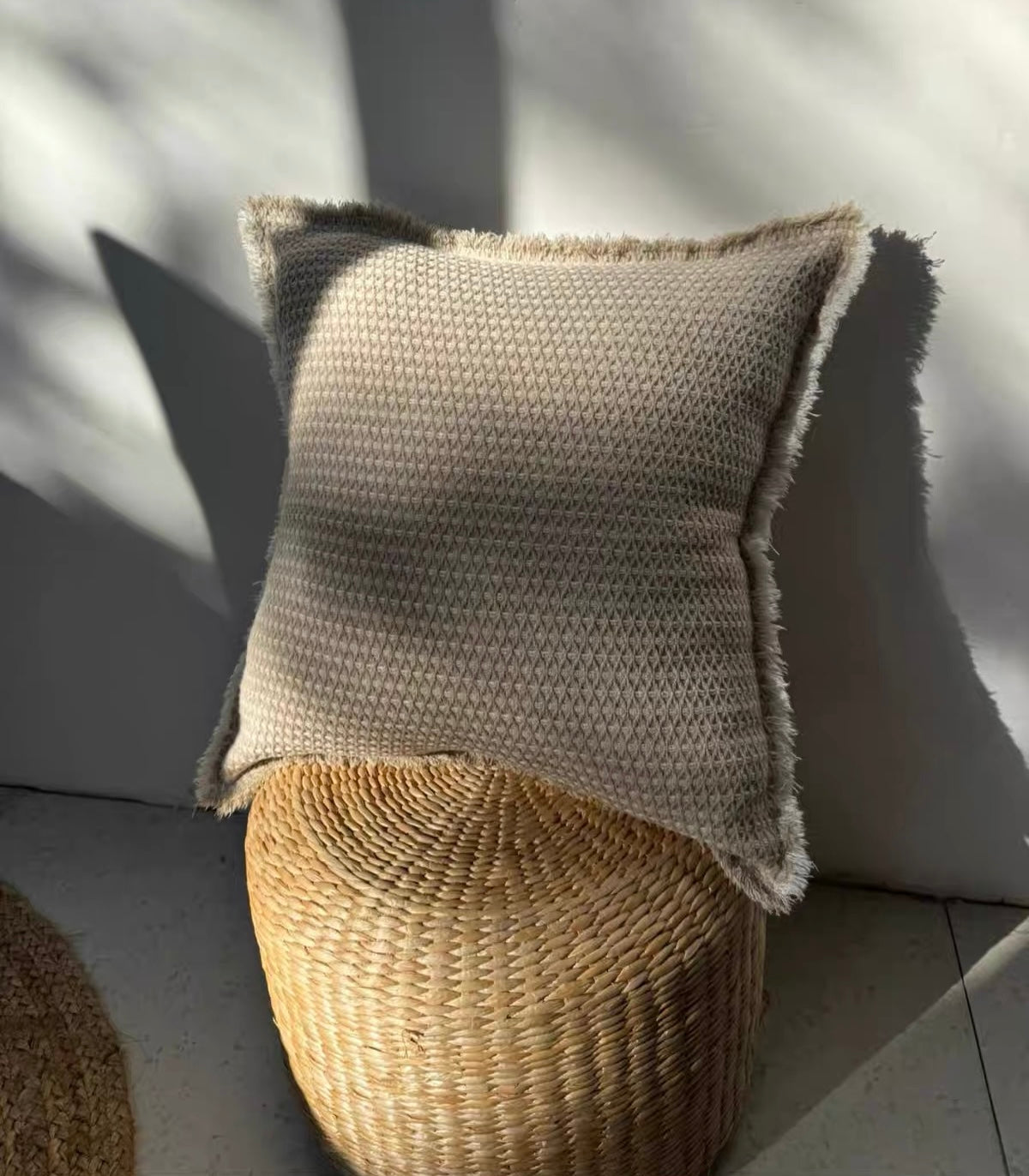 Thick Linen Cotton Jacquard Cushion Cover with Frayed Edge product photo