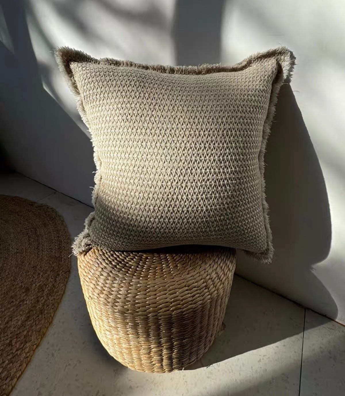 Thick Linen Cotton Jacquard Cushion Cover with Frayed Edge product photo
