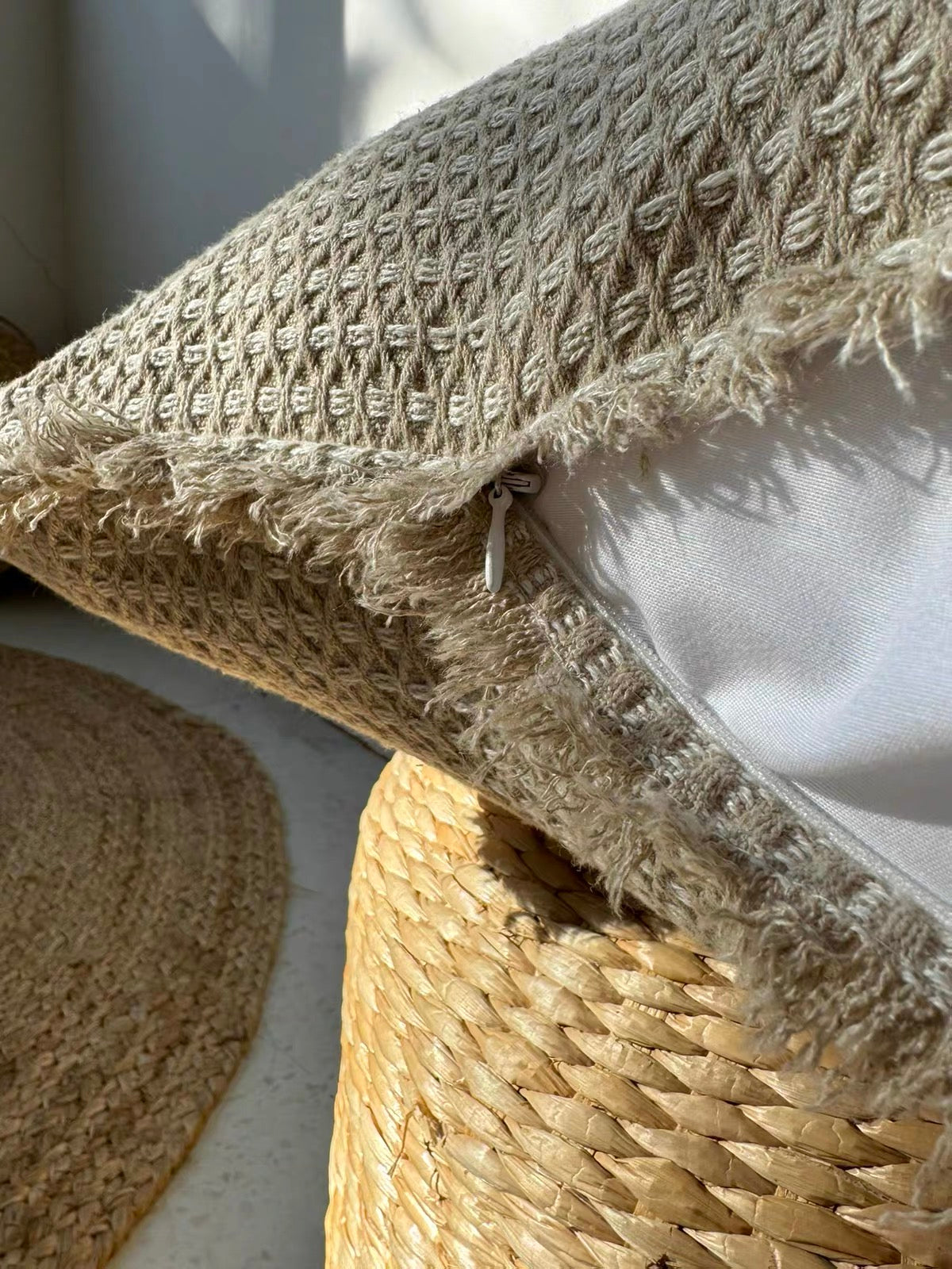 Thick Linen Cotton Jacquard Cushion Cover with Frayed Edge product photo
