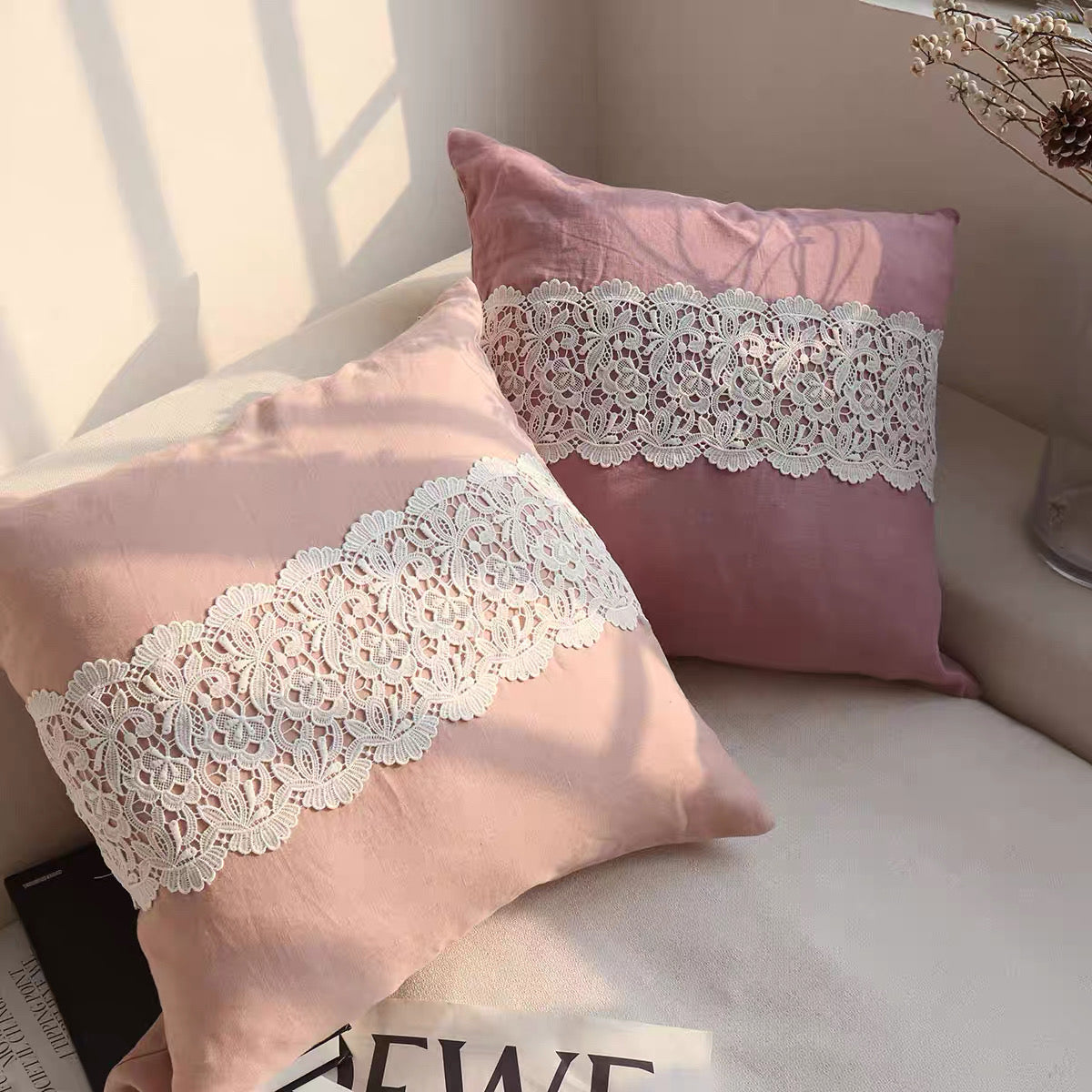 French Lace Linen Cushion Cover, Romantic Square Pillow Cover product photo