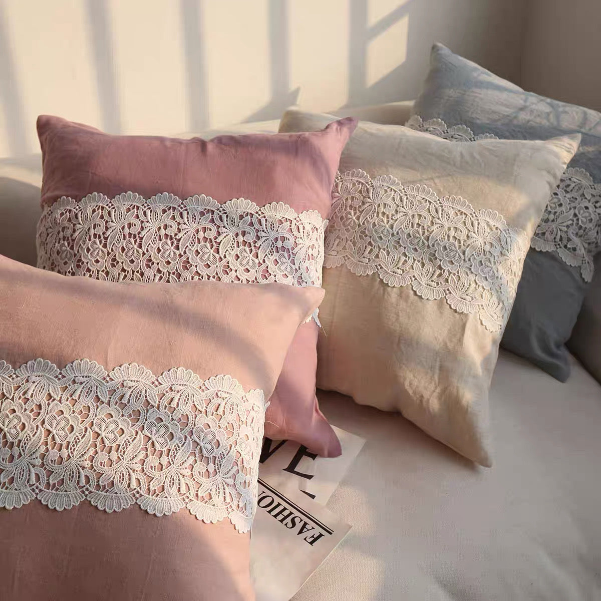 French Lace Linen Cushion Cover, Romantic Square Pillow Cover product photo