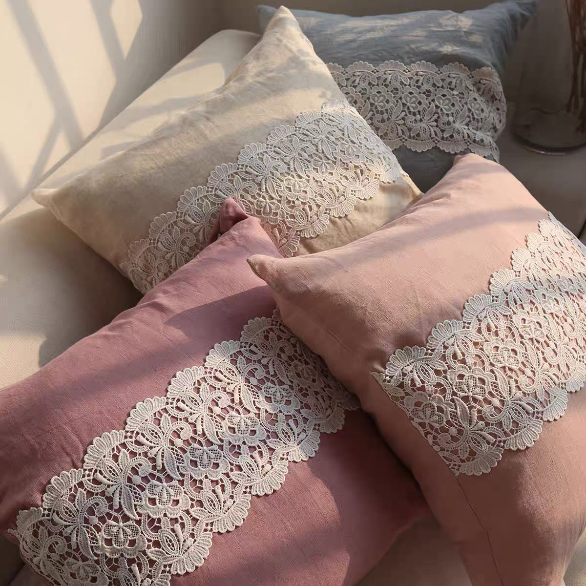 French Lace Linen Cushion Cover, Romantic Square Pillow Cover product photo