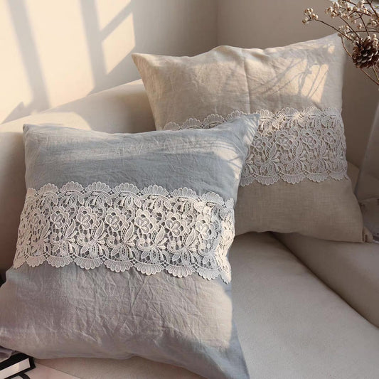 French Lace Linen Cushion Cover, Romantic Square Pillow Cover product photo