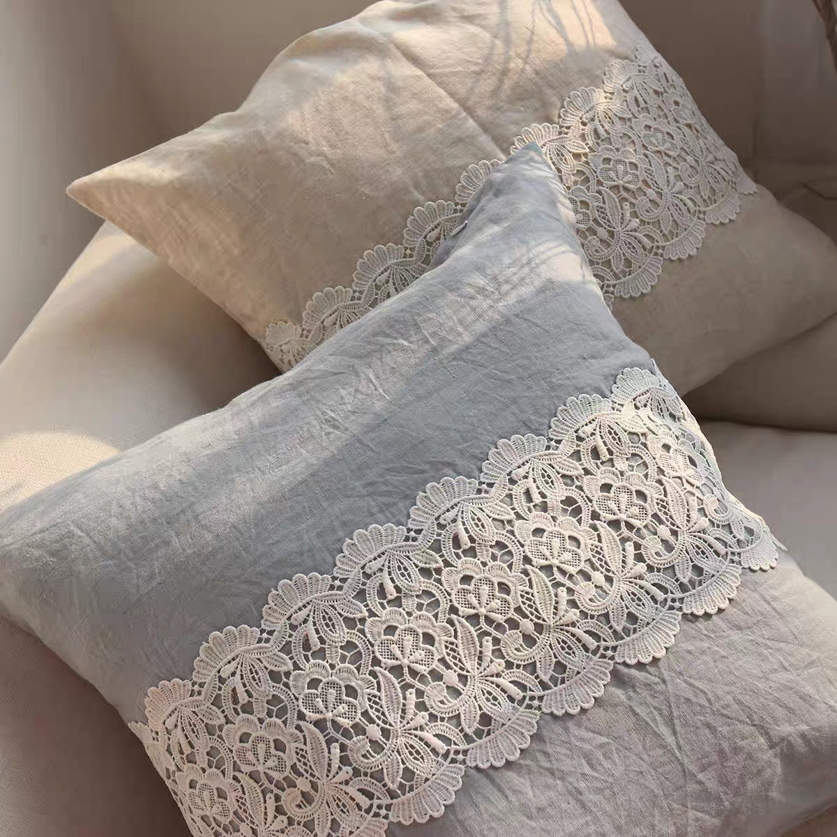 French Lace Linen Cushion Cover, Romantic Square Pillow Cover product photo