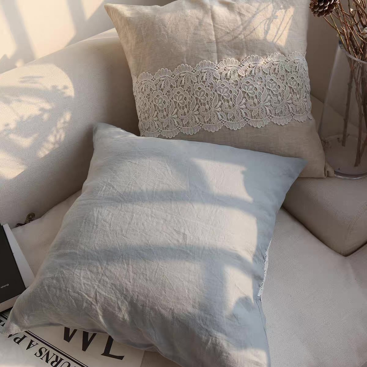 French Lace Linen Cushion Cover, Romantic Square Pillow Cover product photo