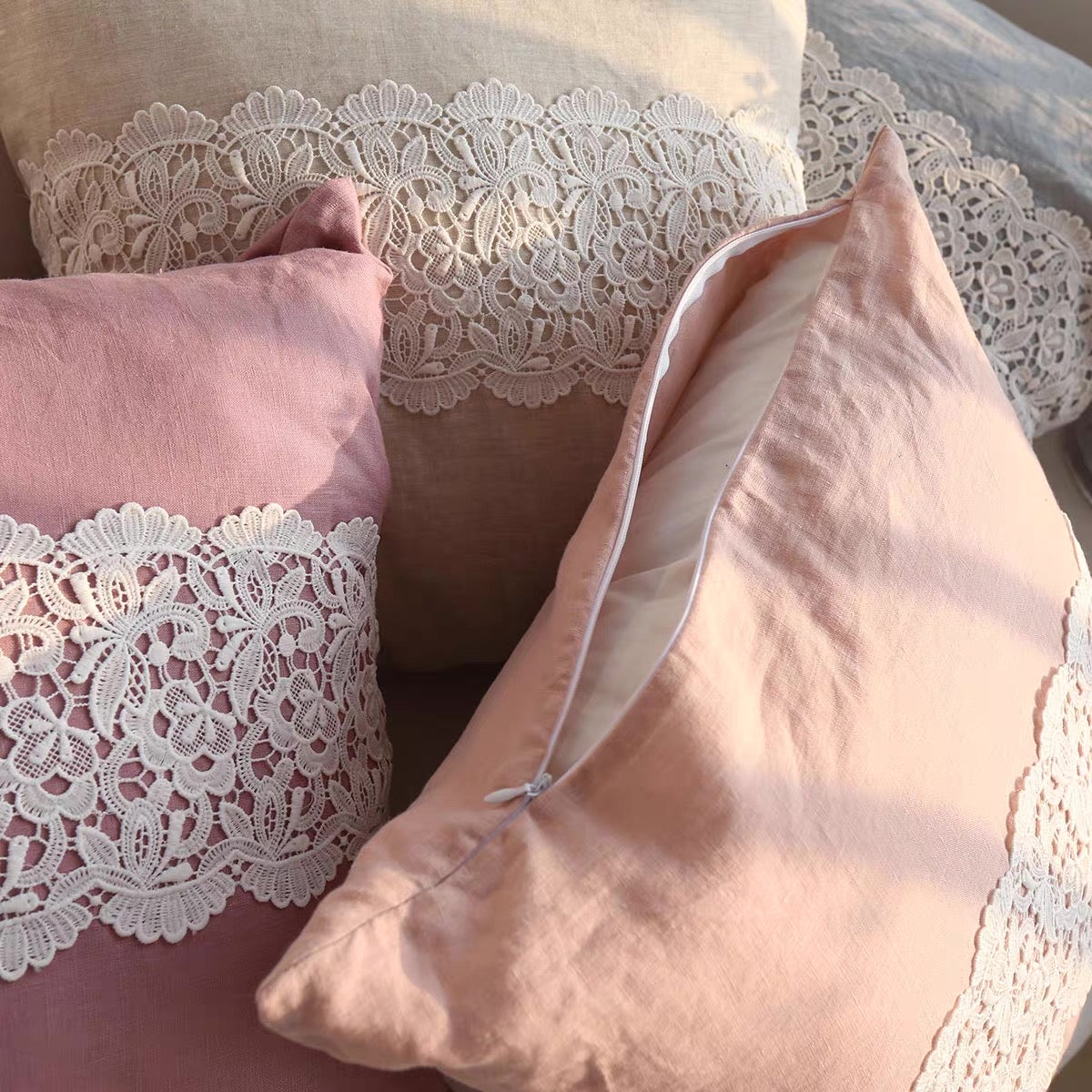 French Lace Linen Cushion Cover, Romantic Square Pillow Cover product photo