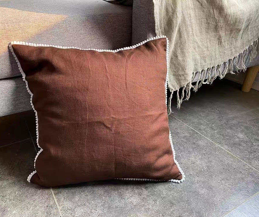 Linen Pom Pom Edge Cushion Cover, Colorful Throw Pillow Cover product photo
