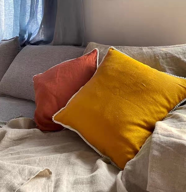 Linen Pom Pom Edge Cushion Cover, Colorful Throw Pillow Cover product photo