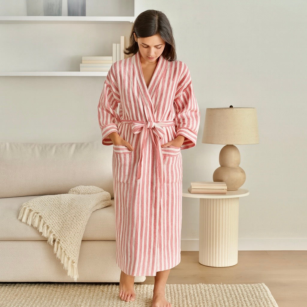 Red striped linen robe color option
