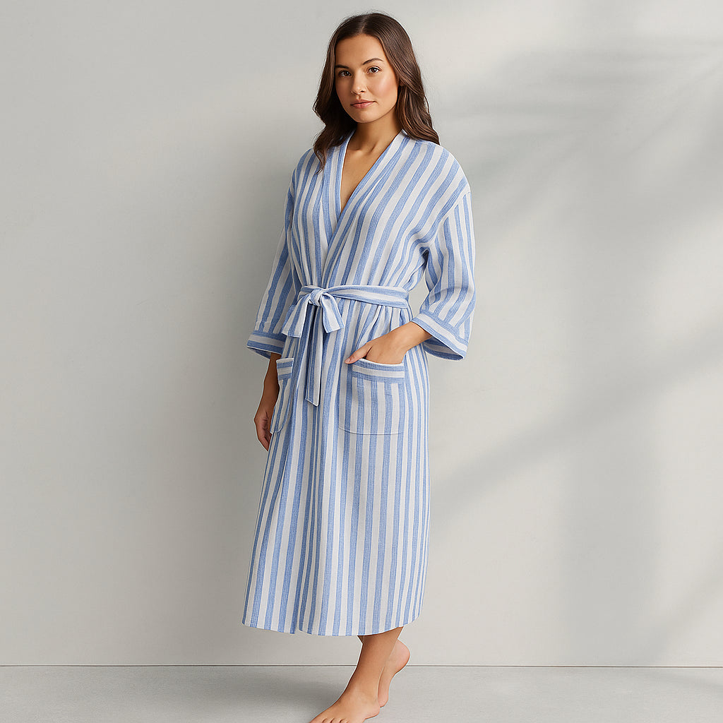Blue striped linen robe color option