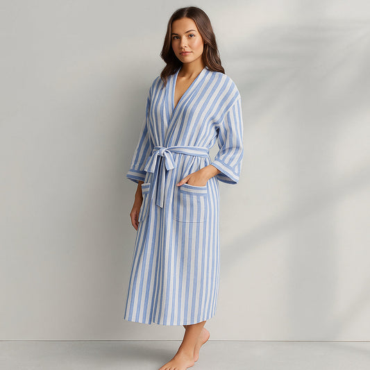 Striped Linen Robe - Blue Cover