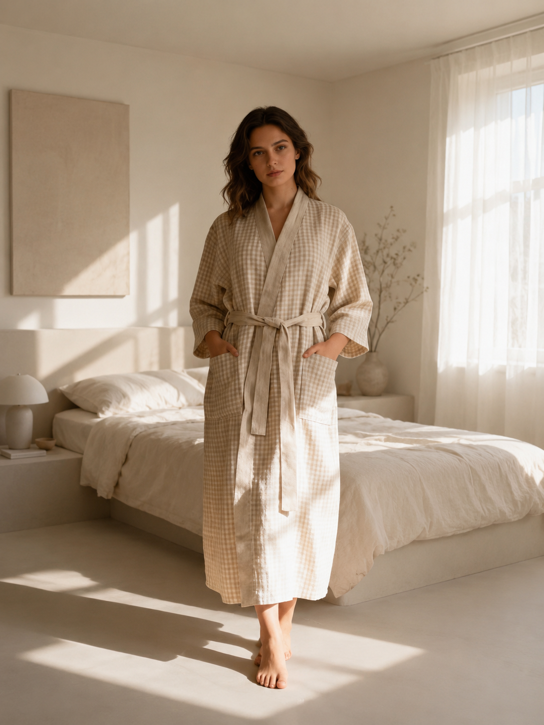 Handmade Unisex Gingham Linen Robe