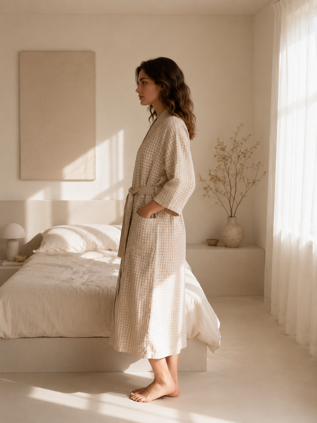 Handmade Unisex Gingham Linen Robe