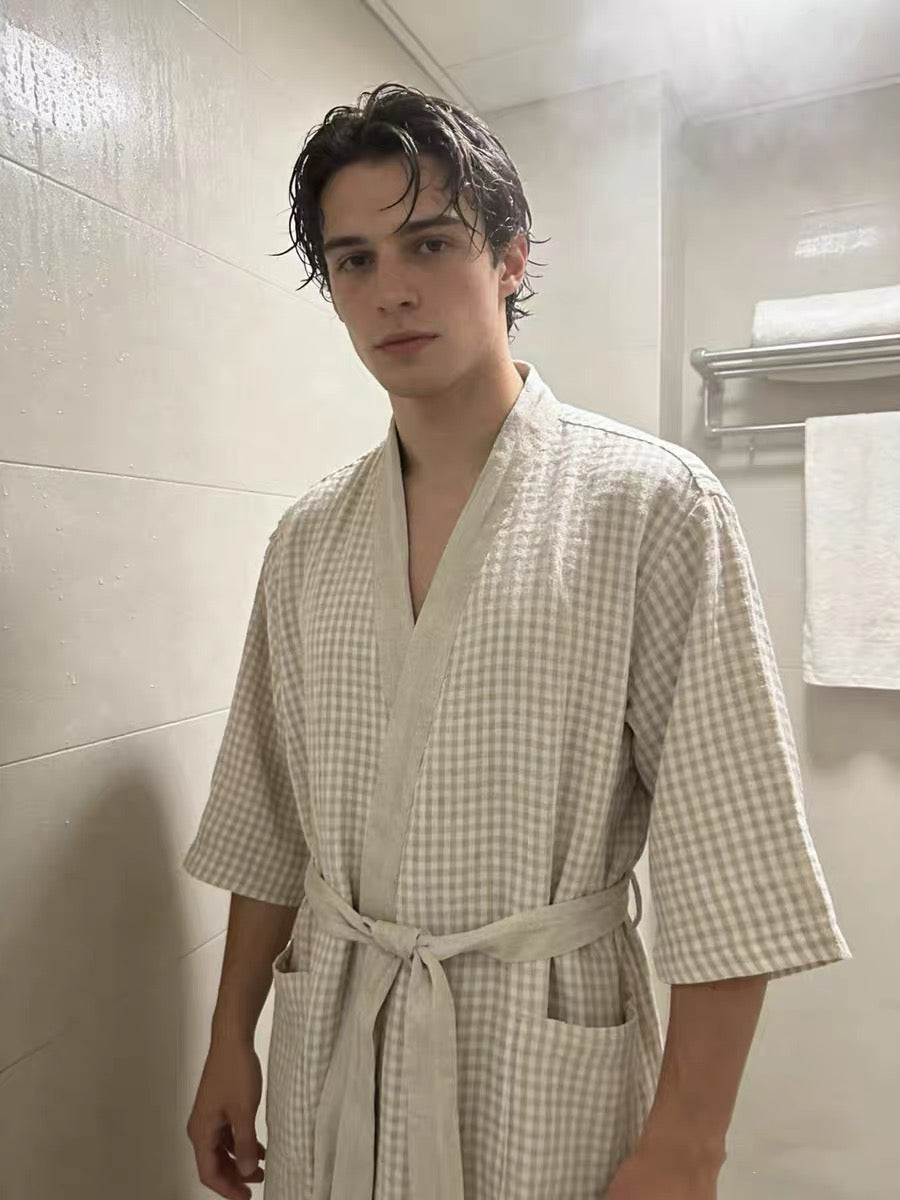 Handmade Unisex Gingham Linen Robe
