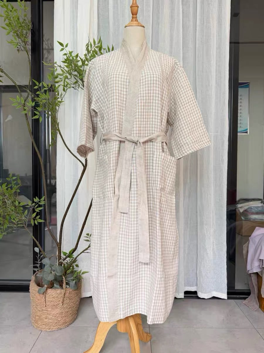 Handmade Unisex Gingham Linen Robe