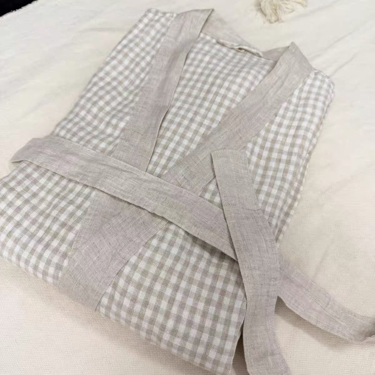 Handmade Unisex Gingham Linen Robe