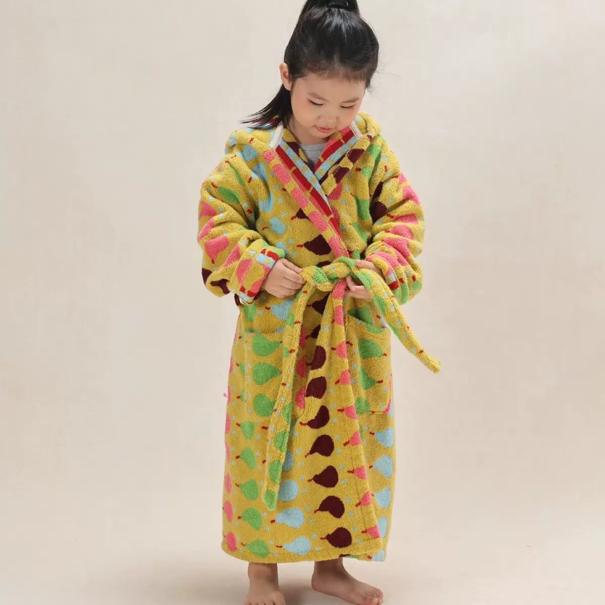 Yellow Fruit Print kids cotton hooded bathrobe