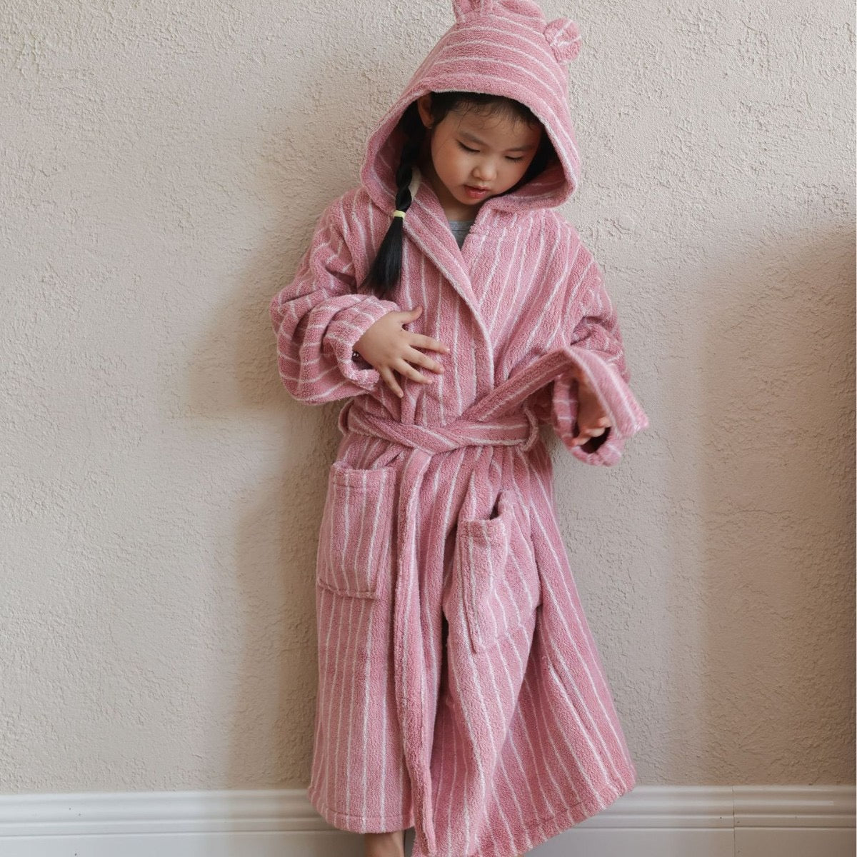 Kids Striped Cotton Hooded Bathrobe, Soft Terry Robe for Boys and Girls