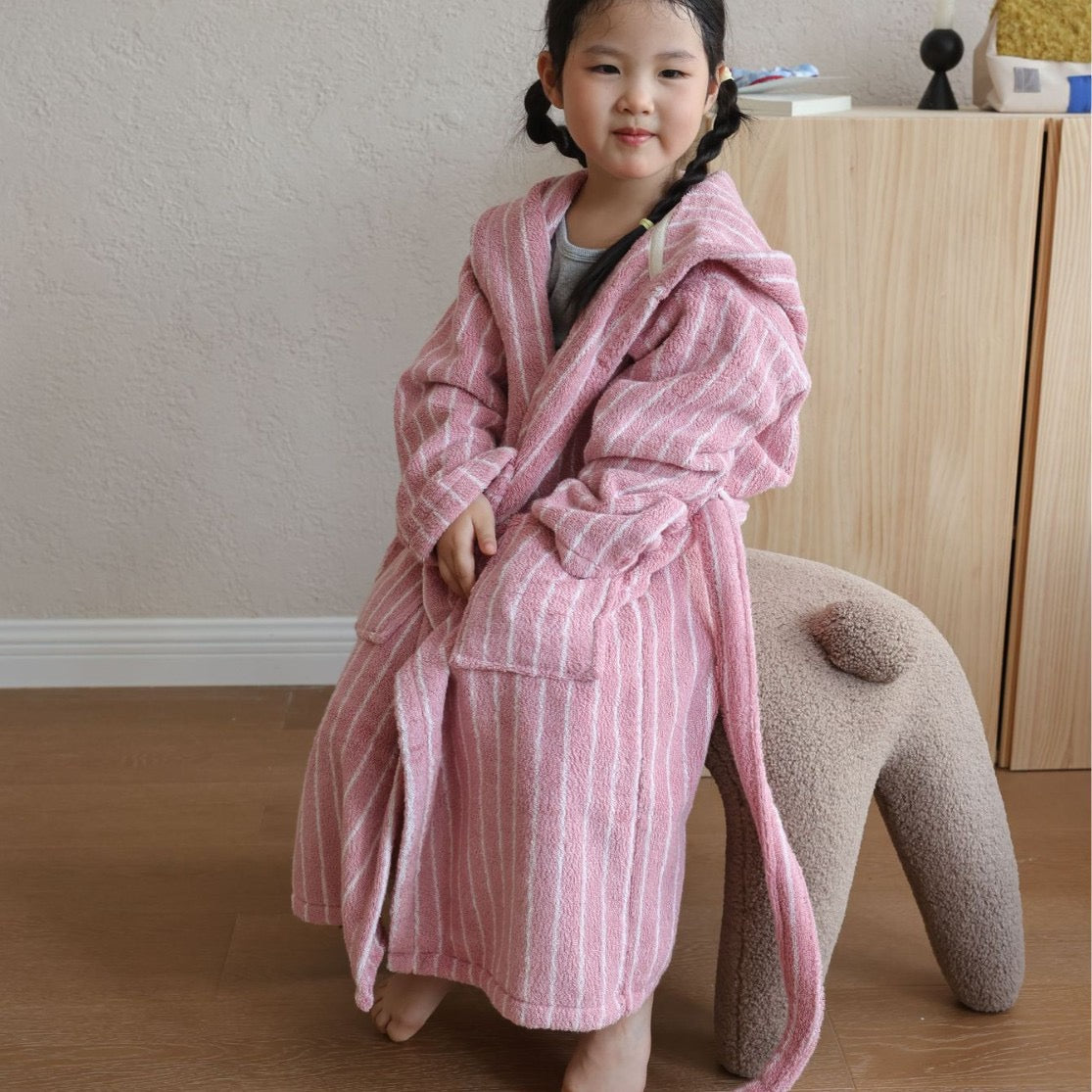 Kids Striped Cotton Hooded Bathrobe, Soft Terry Robe for Boys and Girls