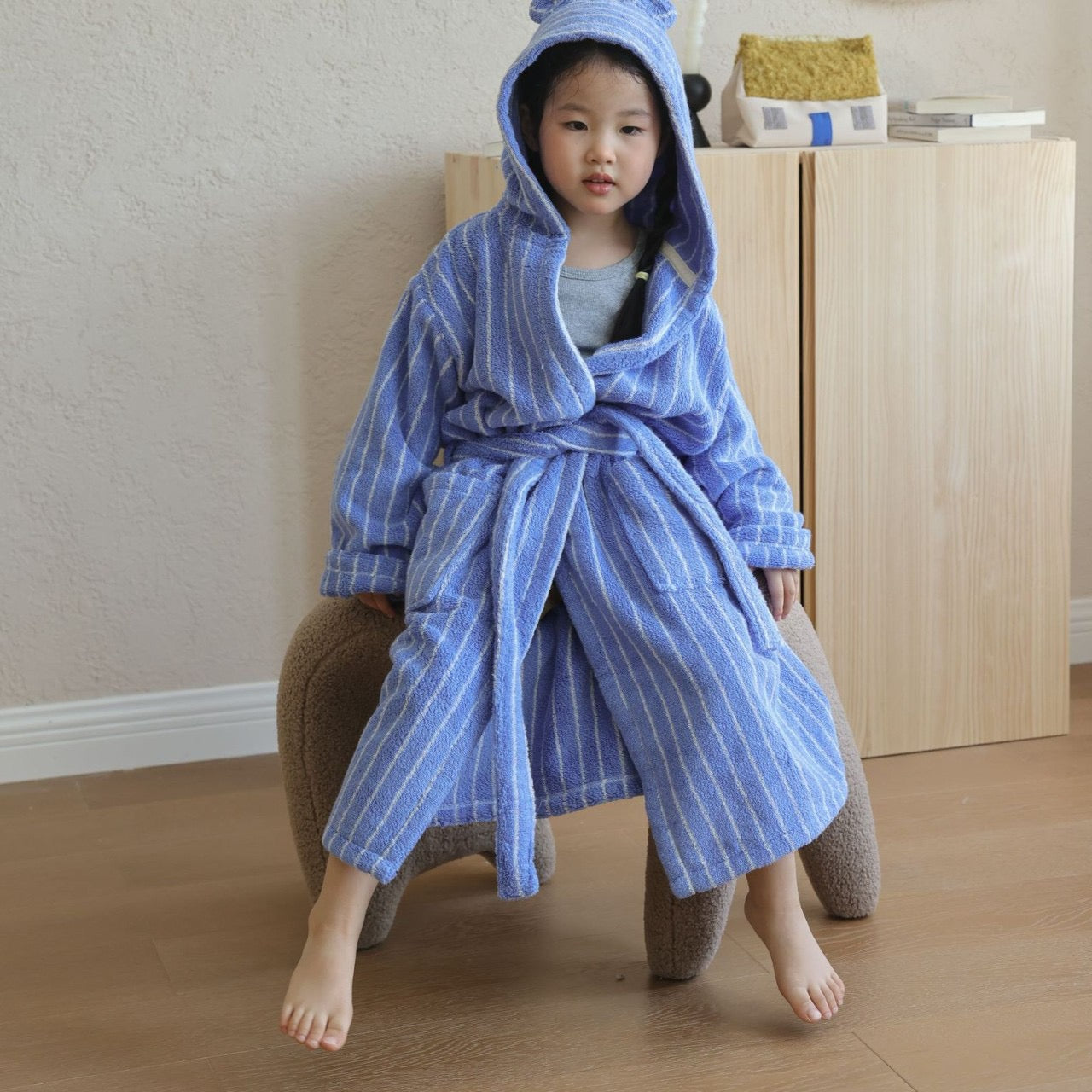 Kids Striped Cotton Hooded Bathrobe, Soft Terry Robe for Boys and Girls
