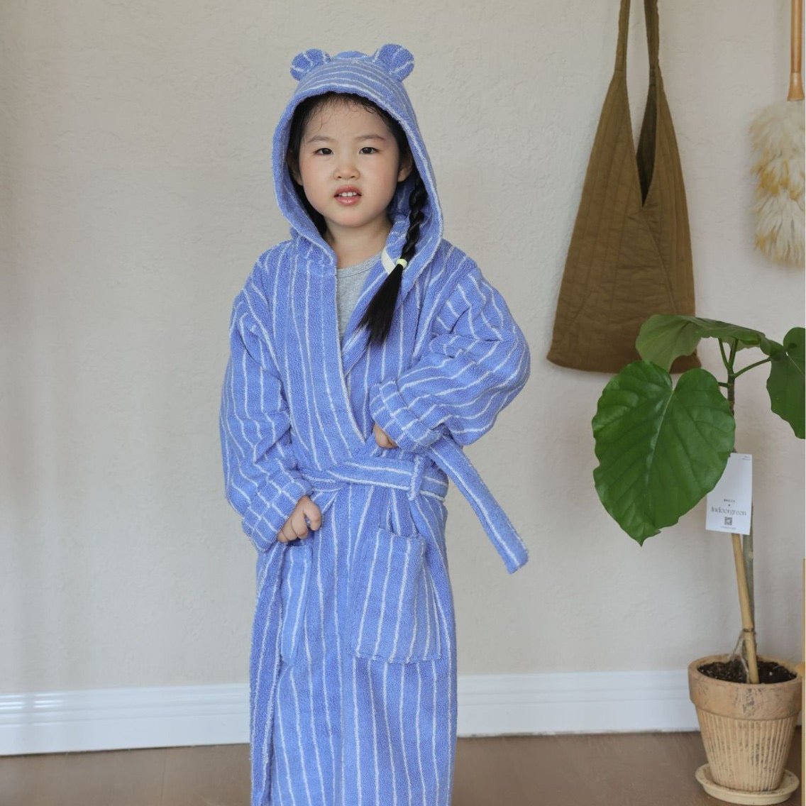 Kids Striped Cotton Hooded Bathrobe, Soft Terry Robe for Boys and Girls