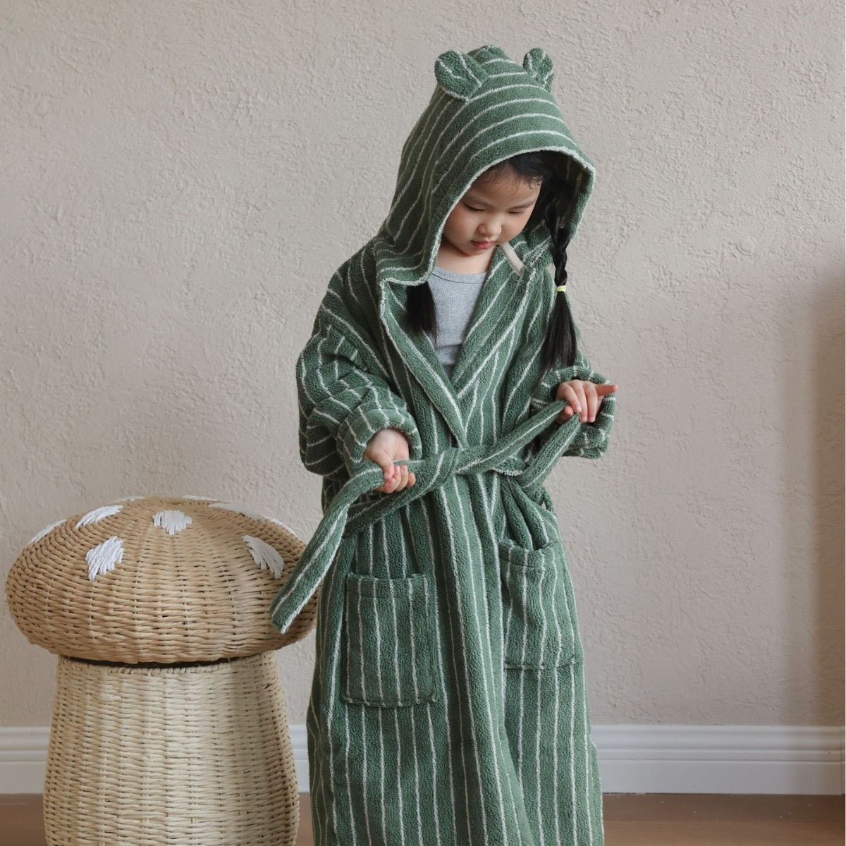 Kids Striped Cotton Hooded Bathrobe, Soft Terry Robe for Boys and Girls