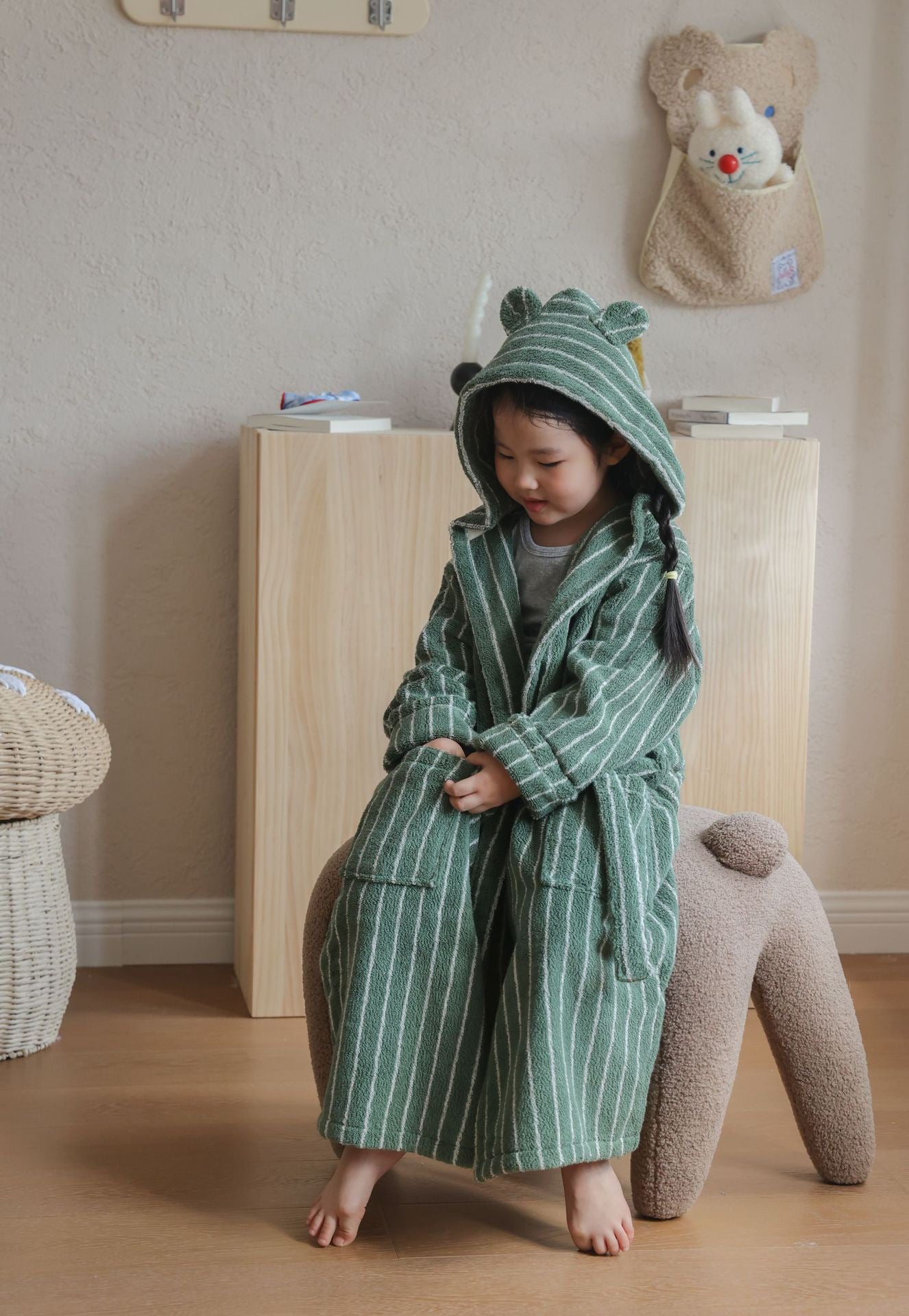 Kids Striped Cotton Hooded Bathrobe, Soft Terry Robe for Boys and Girls